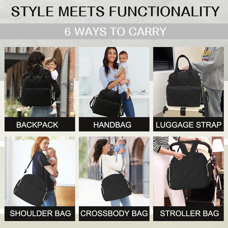 Mozzilog Large Diaper Backpack with Changing Pad, 6 in 1 Travel Diapers Baby Bag for Mom Quilted Mommy Daipering, Hospital Bag for Women Labor Delivery Maternity Tote (Black) - Image 2